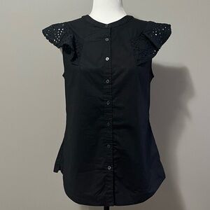 Banana Republic Short Flutter Eyelet Cap Sleeves Cotton Button-Up Blouse Black